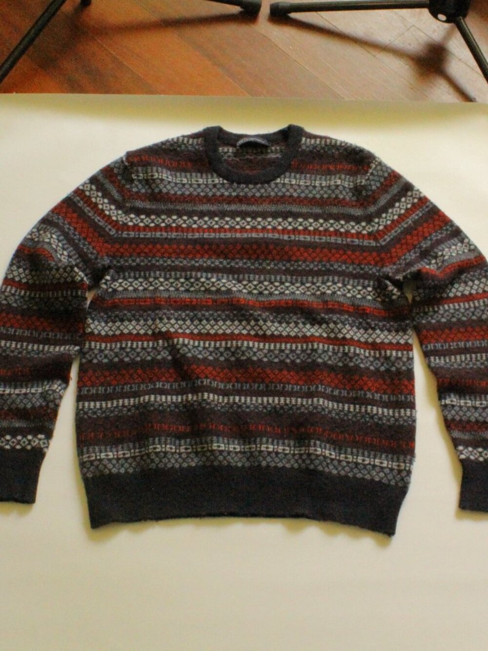 Gap Sweater Mens Large Black Red Striped Lambswool Blend Crewneck Knit Pullover
